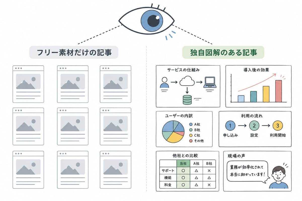 「フリー素材だけの記事」と「独自図解のある記事」の比較図。右側は仕組み図・導入効果のグラフ・利用の流れ・他社比較表・現場の声などの図解が並ぶ